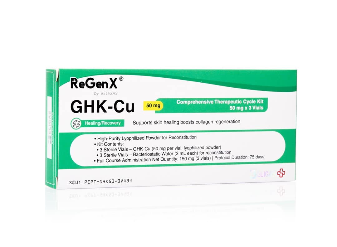 ReGenX GHK-Cu 50 mg/ml, 3 fiolki (50 mg) + 3 tacki na wodę (3 ml) - Beligas(international)